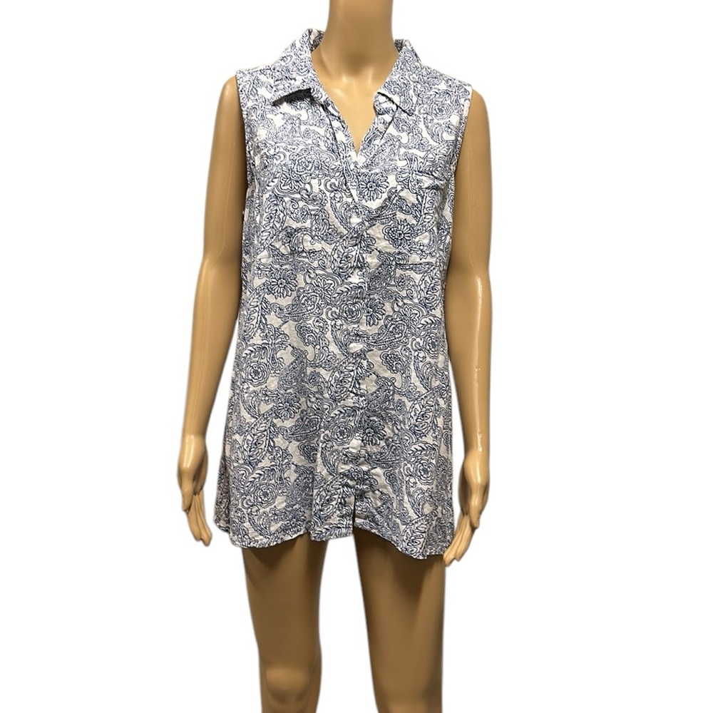 Dana Buchman Sleeveless Button Up Paisley Print Blue White Pocket Shirt Size XL